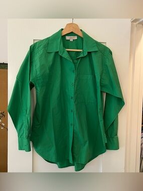 Loft 100% Cotton Poplin Oversized Pocket Button Front Shirt in Juicy Lime, Sz XS
